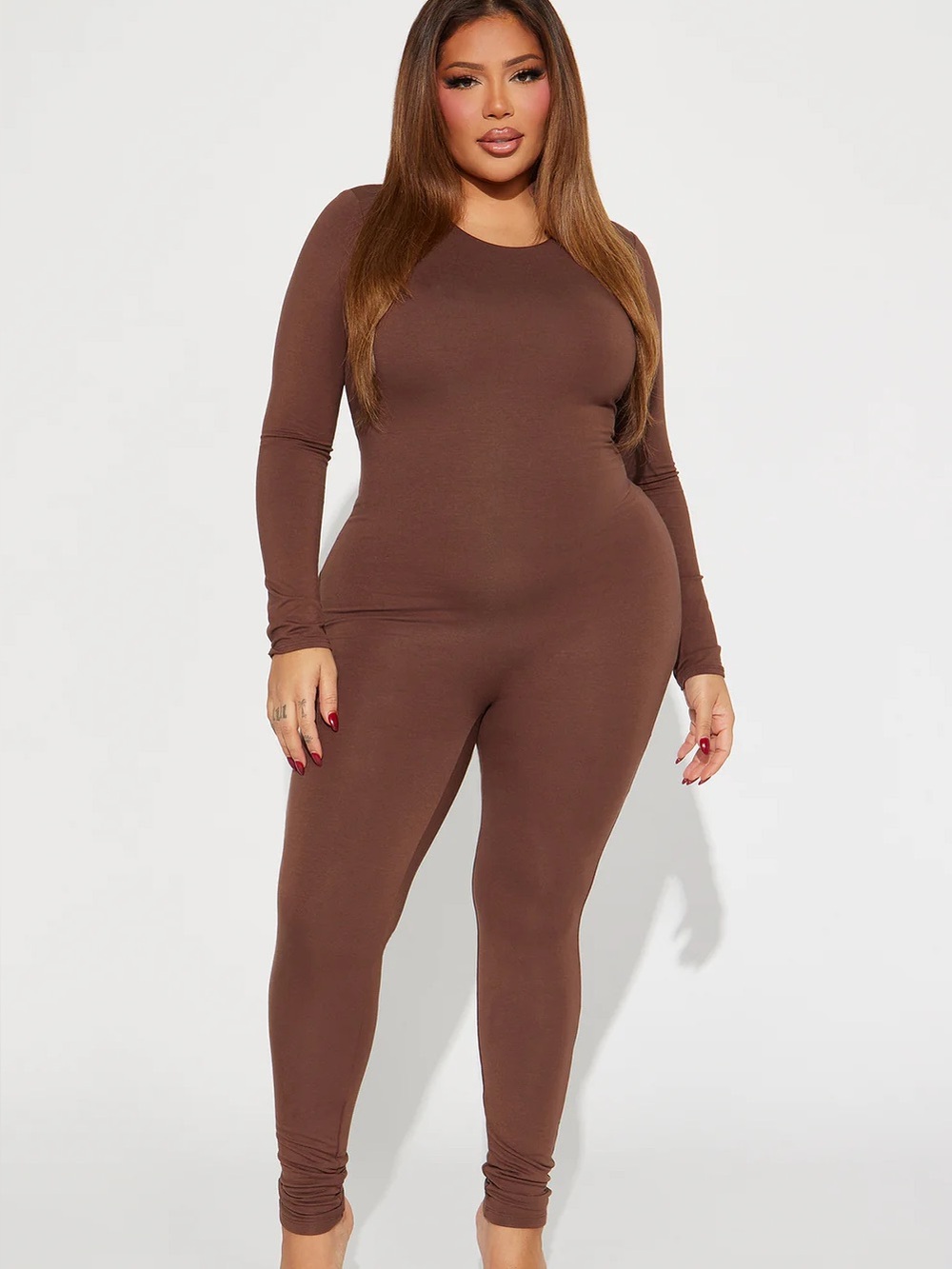 Fashion Nova Long Sleeve Brown Stretch Jumpsuit